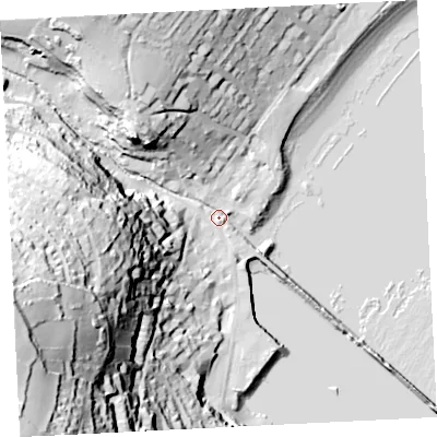 Shaded relief map of the ground around TR185GA, computed from Environment Agency LiDAR. The ground here sits at about 4 m above sea level and falls 89 m across the surrounding 800 m. Surface water reaching this point runs off ground lying to the west-south-west, 81.5 m higher.