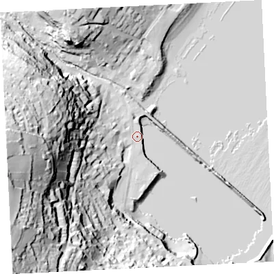 Shaded relief map of the ground around TR185HB, computed from Environment Agency LiDAR. The ground here sits at about 4 m above sea level and falls 91 m across the surrounding 800 m. Surface water reaching this point runs off ground lying to the south-west, 90.6 m higher.