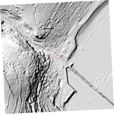Shaded relief map of the ground around TR185HH, computed from Environment Agency LiDAR. The ground here sits at about 4 m above sea level and falls 90 m across the surrounding 800 m. Surface water reaching this point runs off ground lying to the west-south-west, 81.7 m higher.