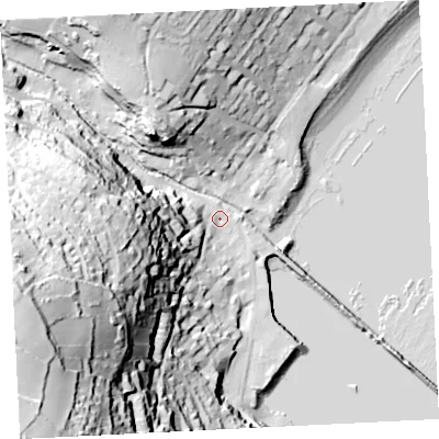 Shaded relief map of the ground around TR185HJ, computed from Environment Agency LiDAR. The ground here sits at about 4 m above sea level and falls 92 m across the surrounding 800 m. Surface water reaching this point runs off ground lying to the west-south-west, 81.7 m higher.