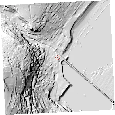 Shaded relief map of the ground around TR185HL, computed from Environment Agency LiDAR. The ground here sits at about 4 m above sea level and falls 91 m across the surrounding 800 m. Surface water reaching this point runs off ground lying to the west-south-west, 50.2 m higher.