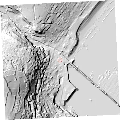 Shaded relief map of the ground around TR185HN, computed from Environment Agency LiDAR. The ground here sits at about 4 m above sea level and falls 92 m across the surrounding 800 m. Surface water reaching this point runs off ground lying to the west-south-west, 79.5 m higher.