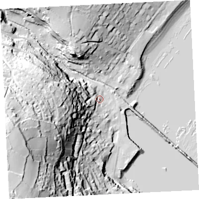 Shaded relief map of the ground around TR185HQ, computed from Environment Agency LiDAR. The ground here sits at about 7 m above sea level and falls 96 m across the surrounding 800 m. Surface water reaching this point runs off ground lying to the west-south-west, 73.8 m higher.