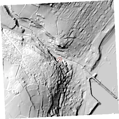 Shaded relief map of the ground around TR185HR, computed from Environment Agency LiDAR. The ground here sits at about 7 m above sea level and falls 92 m across the surrounding 800 m. Surface water reaching this point runs off ground lying to the south-west, 86.0 m higher.