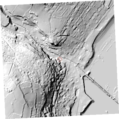 Shaded relief map of the ground around TR185HS, computed from Environment Agency LiDAR. The ground here sits at about 5 m above sea level and falls 92 m across the surrounding 800 m. Surface water reaching this point runs off ground lying to the west-south-west, 83.7 m higher.