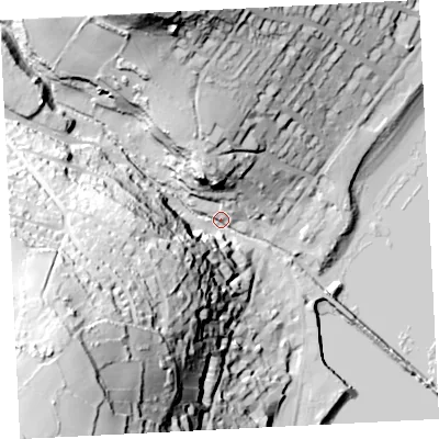Shaded relief map of the ground around TR185HT, computed from Environment Agency LiDAR. The ground here sits at about 7 m above sea level and falls 91 m across the surrounding 800 m. Surface water reaching this point runs off ground lying to the south-west, 83.4 m higher.