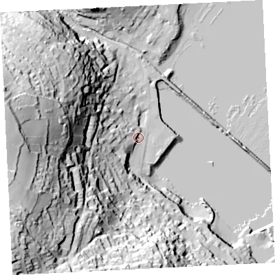 Shaded relief map of the ground around TR185HW, computed from Environment Agency LiDAR. The ground here sits at about 5 m above sea level and falls 97 m across the surrounding 800 m. Surface water reaching this point runs off ground lying to the west-south-west, 90.3 m higher.