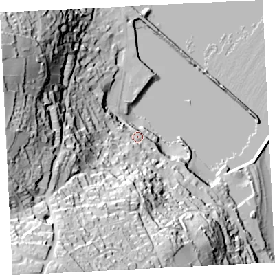 Shaded relief map of the ground around TR185JN, computed from Environment Agency LiDAR. The ground here sits at about 11 m above sea level and falls 103 m across the surrounding 800 m. Surface water reaching this point runs off ground lying to the south-south-west, 70.5 m higher.