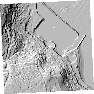Shaded relief map of the ground around TR185JP, computed from Environment Agency LiDAR. The ground here sits at about 11 m above sea level and falls 106 m across the surrounding 800 m. Surface water reaching this point runs off ground lying to the south-west, 96.6 m higher.