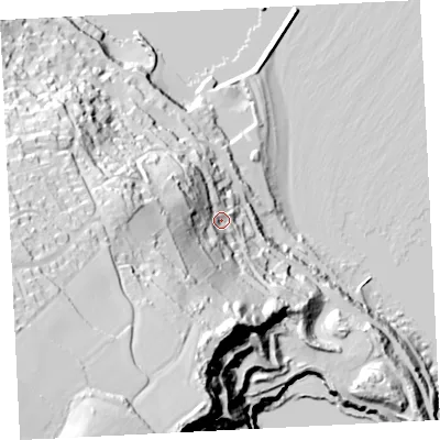 Shaded relief map of the ground around TR185JT, computed from Environment Agency LiDAR. The ground here sits at about 25 m above sea level and falls 110 m across the surrounding 800 m. Surface water reaching this point runs off ground lying to the south-south-west, 88.0 m higher.