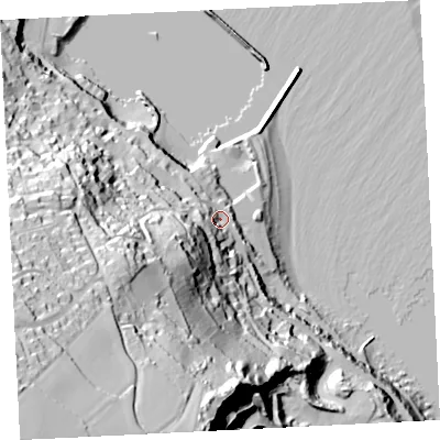 Shaded relief map of the ground around TR185LD, computed from Environment Agency LiDAR. The ground here sits at about 12 m above sea level and falls 106 m across the surrounding 800 m. Surface water reaching this point runs off ground lying to the south-west, 88.9 m higher.