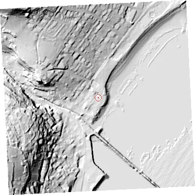 Shaded relief map of the ground around TR185PP, computed from Environment Agency LiDAR. The ground here sits at about 5 m above sea level and falls 74 m across the surrounding 800 m. Surface water reaching this point runs off ground lying to the north-west, 52.9 m higher.