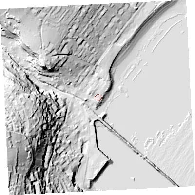 Shaded relief map of the ground around TR185PR, computed from Environment Agency LiDAR. The ground here sits at about 4 m above sea level and falls 79 m across the surrounding 800 m. Surface water reaching this point runs off ground lying to the north-north-west, 36.5 m higher.