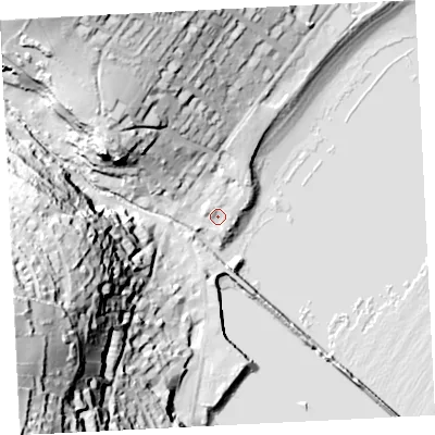 Shaded relief map of the ground around TR185PS, computed from Environment Agency LiDAR. The ground here sits at about 5 m above sea level and falls 82 m across the surrounding 800 m. Surface water reaching this point runs off ground lying to the north-north-west, 38.4 m higher.