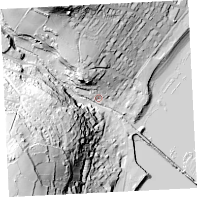 Shaded relief map of the ground around TR185QH, computed from Environment Agency LiDAR. The ground here sits at about 6 m above sea level and falls 90 m across the surrounding 800 m. Surface water reaching this point runs off ground lying to the south-west, 83.6 m higher.
