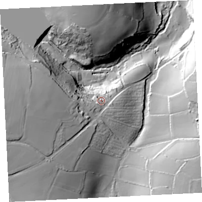 Shaded relief map of the ground around TR196AA, computed from Environment Agency LiDAR. The ground here sits at about 86 m above sea level and falls 62 m across the surrounding 800 m. Surface water reaching this point runs off ground lying to the west-south-west, 6.8 m higher.