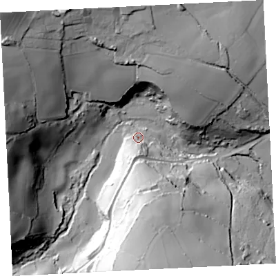 Shaded relief map of the ground around TR196AS, computed from Environment Agency LiDAR. The ground here sits at about 47 m above sea level and falls 69 m across the surrounding 800 m. Surface water reaching this point runs off ground lying to the south, 16.0 m higher.