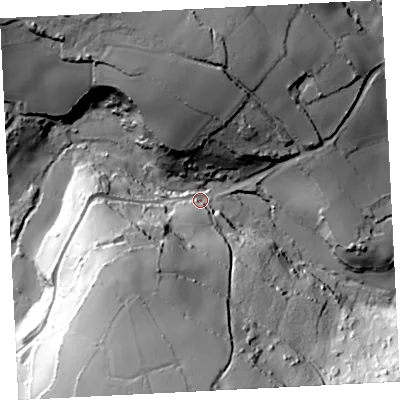 Shaded relief map of the ground around TR196AU, computed from Environment Agency LiDAR. The ground here sits at about 41 m above sea level and falls 75 m across the surrounding 800 m. Surface water reaching this point runs off ground lying to the south-south-west, 66.2 m higher.