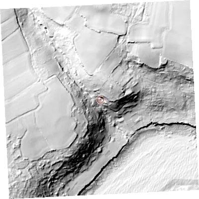 Shaded relief map of the ground around TR196DH, computed from Environment Agency LiDAR. The ground here sits at about 41 m above sea level and falls 94 m across the surrounding 800 m. Surface water reaching this point runs off ground lying to the north, 28.1 m higher.