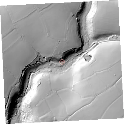 Shaded relief map of the ground around TR196HA, computed from Environment Agency LiDAR. The ground here sits at about 68 m above sea level and falls 61 m across the surrounding 800 m. Surface water reaching this point runs off ground lying to the north, 19.6 m higher.