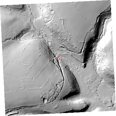 Shaded relief map of the ground around TR196HD, computed from Environment Agency LiDAR. The ground here sits at about 47 m above sea level and falls 51 m across the surrounding 800 m. Surface water reaching this point runs off ground lying to the west-south-west, 45.9 m higher.