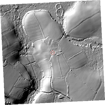 Shaded relief map of the ground around TR196HG, computed from Environment Agency LiDAR. The ground here sits at about 95 m above sea level and falls 33 m across the surrounding 800 m. Surface water reaching this point runs off ground lying to the east-south-east, 4.3 m higher.