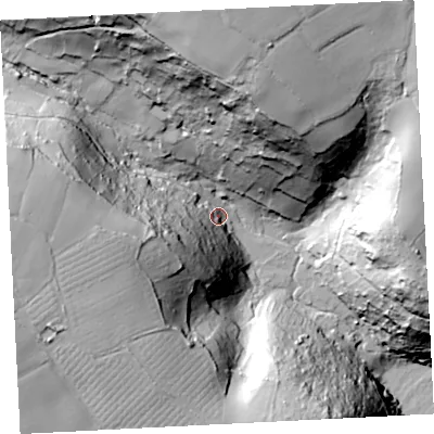 Shaded relief map of the ground around TR196HJ, computed from Environment Agency LiDAR. The ground here sits at about 16 m above sea level and falls 88 m across the surrounding 800 m. Surface water reaching this point runs off ground lying to the west-south-west, 66.0 m higher.