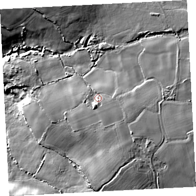 Shaded relief map of the ground around TR196JF, computed from Environment Agency LiDAR. The ground here sits at about 116 m above sea level and falls 50 m across the surrounding 800 m. Surface water reaching this point runs off ground lying to the east-south-east, 9.4 m higher.