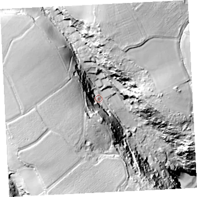 Shaded relief map of the ground around TR196JX, computed from Environment Agency LiDAR. The ground here sits at about 46 m above sea level and falls 90 m across the surrounding 800 m. Surface water reaching this point runs off ground lying to the north, 48.8 m higher.