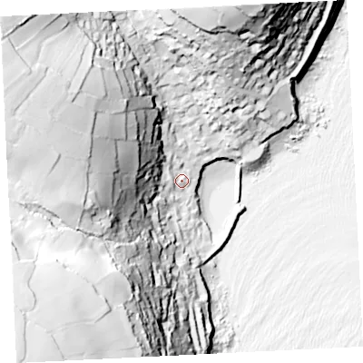 Shaded relief map of the ground around TR196PF, computed from Environment Agency LiDAR. The ground here sits at about 11 m above sea level and falls 95 m across the surrounding 800 m. Surface water reaching this point runs off ground lying to the west-north-west, 75.8 m higher.