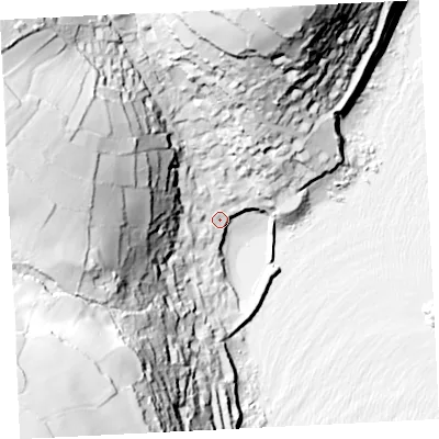 Shaded relief map of the ground around TR196PG, computed from Environment Agency LiDAR. The ground here sits at about 9 m above sea level and falls 93 m across the surrounding 800 m. Surface water reaching this point runs off ground lying to the west-north-west, 79.8 m higher.