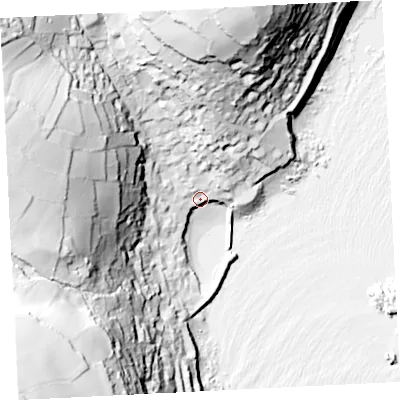 Shaded relief map of the ground around TR196PH, computed from Environment Agency LiDAR. The ground here sits at about 9 m above sea level and falls 92 m across the surrounding 800 m. Surface water reaching this point runs off ground lying to the north, 70.6 m higher.