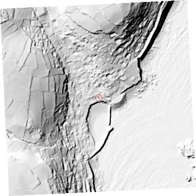Shaded relief map of the ground around TR196PJ, computed from Environment Agency LiDAR. The ground here sits at about 10 m above sea level and falls 90 m across the surrounding 800 m. Surface water reaching this point runs off ground lying to the north, 71.1 m higher.