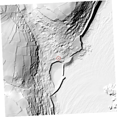 Shaded relief map of the ground around TR196PL, computed from Environment Agency LiDAR. The ground here sits at about 11 m above sea level and falls 89 m across the surrounding 800 m. Surface water reaching this point runs off ground lying to the north, 63.3 m higher.