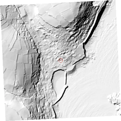 Shaded relief map of the ground around TR196PN, computed from Environment Agency LiDAR. The ground here sits at about 15 m above sea level and falls 87 m across the surrounding 800 m. Surface water reaching this point runs off ground lying to the north, 23.8 m higher.