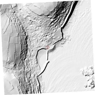 Shaded relief map of the ground around TR196QE, computed from Environment Agency LiDAR. The ground here sits at about 9 m above sea level and falls 86 m across the surrounding 800 m. Surface water reaching this point runs off ground lying to the north-north-west, 34.4 m higher.