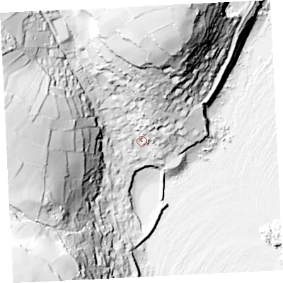 Shaded relief map of the ground around TR196QF, computed from Environment Agency LiDAR. The ground here sits at about 16 m above sea level and falls 89 m across the surrounding 800 m. Surface water reaching this point runs off ground lying to the north, 60.9 m higher.