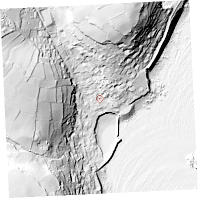 Shaded relief map of the ground around TR196QG, computed from Environment Agency LiDAR. The ground here sits at about 14 m above sea level and falls 91 m across the surrounding 800 m. Surface water reaching this point runs off ground lying to the north, 62.4 m higher.