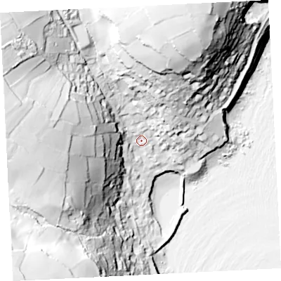 Shaded relief map of the ground around TR196QH, computed from Environment Agency LiDAR. The ground here sits at about 19 m above sea level and falls 93 m across the surrounding 800 m. Surface water reaching this point runs off ground lying to the north-west, 69.3 m higher.