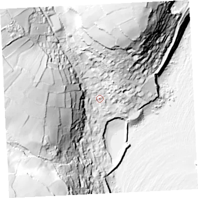 Shaded relief map of the ground around TR196QJ, computed from Environment Agency LiDAR. The ground here sits at about 18 m above sea level and falls 92 m across the surrounding 800 m. Surface water reaching this point runs off ground lying to the north-north-west, 8.0 m higher.