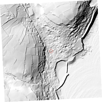 Shaded relief map of the ground around TR196QL, computed from Environment Agency LiDAR. The ground here sits at about 18 m above sea level and falls 93 m across the surrounding 800 m. Surface water reaching this point runs off ground lying to the north-west, 72.0 m higher.