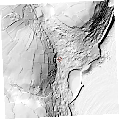 Shaded relief map of the ground around TR196QN, computed from Environment Agency LiDAR. The ground here sits at about 19 m above sea level and falls 95 m across the surrounding 800 m. Surface water reaching this point runs off ground lying to the north-west, 71.9 m higher.