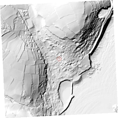 Shaded relief map of the ground around TR196QQ, computed from Environment Agency LiDAR. The ground here sits at about 25 m above sea level and falls 86 m across the surrounding 800 m. Surface water reaching this point runs off ground lying to the north-north-east, 53.7 m higher.