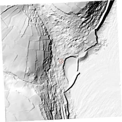 Shaded relief map of the ground around TR196QU, computed from Environment Agency LiDAR. The ground here sits at about 10 m above sea level and falls 94 m across the surrounding 800 m. Surface water reaching this point runs off ground lying to the west-north-west, 77.9 m higher.