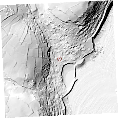 Shaded relief map of the ground around TR196QW, computed from Environment Agency LiDAR. The ground here sits at about 13 m above sea level and falls 94 m across the surrounding 800 m. Surface water reaching this point runs off ground lying to the north-west, 73.3 m higher.