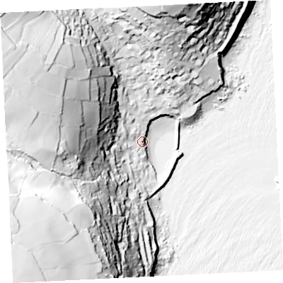 Shaded relief map of the ground around TR196QX, computed from Environment Agency LiDAR. The ground here sits at about 7 m above sea level and falls 93 m across the surrounding 800 m. Surface water reaching this point runs off ground lying to the west-north-west, 82.3 m higher.