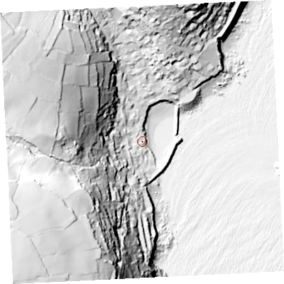 Shaded relief map of the ground around TR196RS, computed from Environment Agency LiDAR. The ground here sits at about 7 m above sea level and falls 93 m across the surrounding 800 m. Surface water reaching this point runs off ground lying to the west-north-west, 75.3 m higher.
