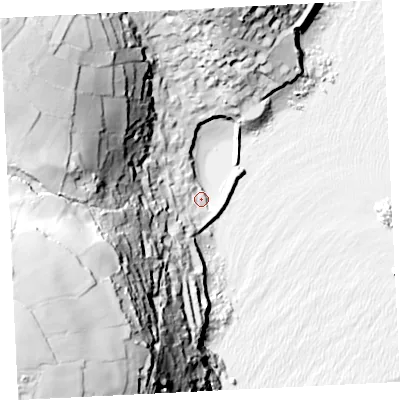 Shaded relief map of the ground around TR196RT, computed from Environment Agency LiDAR. The ground here sits at about 5 m above sea level and falls 93 m across the surrounding 800 m. Surface water reaching this point runs off ground lying to the west-south-west, 89.9 m higher.