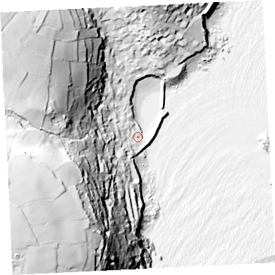 Shaded relief map of the ground around TR196RX, computed from Environment Agency LiDAR. The ground here sits at about 5 m above sea level and falls 94 m across the surrounding 800 m. Surface water reaching this point runs off ground lying to the west-south-west, 86.6 m higher.