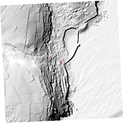Shaded relief map of the ground around TR196SE, computed from Environment Agency LiDAR. The ground here sits at about 10 m above sea level and falls 97 m across the surrounding 800 m. Surface water reaching this point runs off ground lying to the west-south-west, 77.6 m higher.